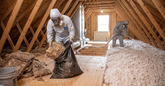 technicians removing old attic insulation while installing fresh blown-in insulation in a residential attic
